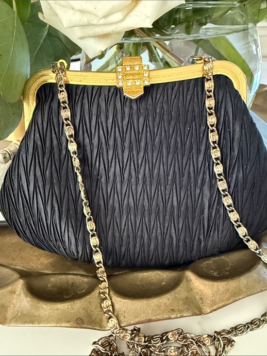Carla Marchi Handbags - Carla Marchi Classic Black Satin  Evening Bag Accordion Pleat Crystal Gold Clasp